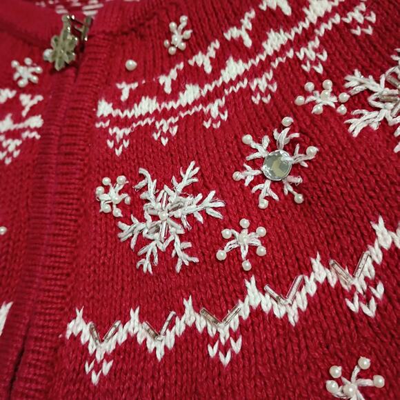 Christmas Cardigan Sweater Small Red Pearls Jewels Snowflakes Raglan-Sleeve - Picture 4 of 12
